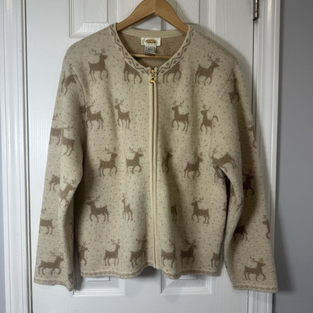 Vintage Talbots Women's Knit Winter Deer Zip-up Sweater Cardigan Size Large L